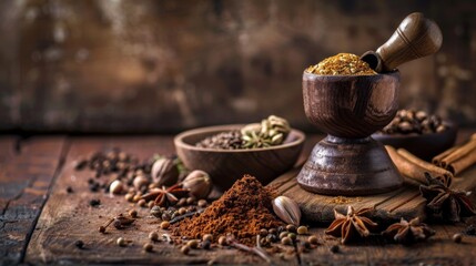 Assorted Spices with Wooden Mortar and Pestle