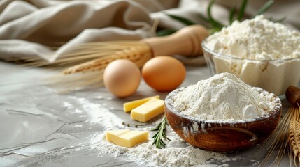  Freshly laid out ingredients like flour, butter, and eggs, ready for pastry making, ideal for cooking classes or recipe websites 