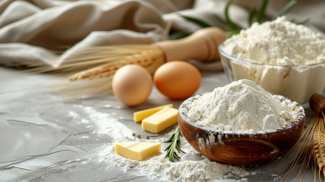  Freshly laid out ingredients like flour, butter, and eggs, ready for pastry making, ideal for cooking classes or recipe websites 