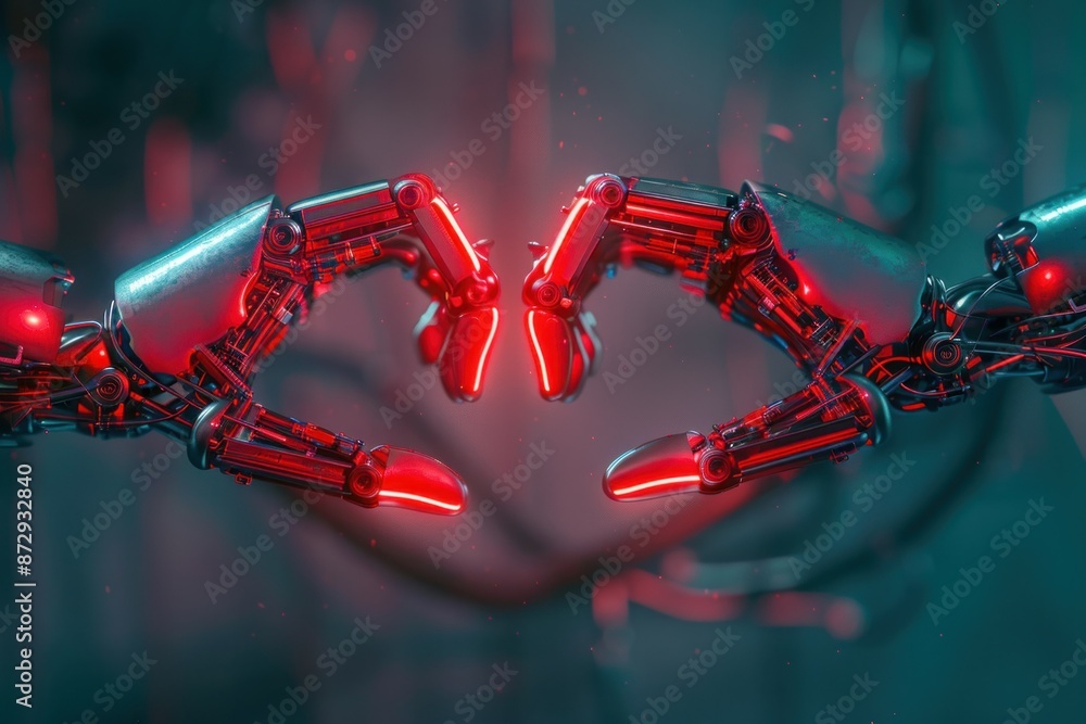 Poster robotic love two robots making heart shape in front of red light for travel and technology concept