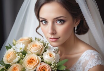 Naklejka premium Close-up portrait of a beautiful bride with bouquet of flowers at her wedding day