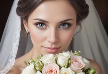 Naklejka premium Close-up portrait of a beautiful bride with bouquet of flowers at her wedding day
