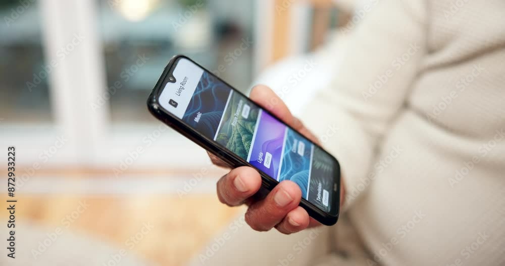 Poster hands, cellphone and screen for mobile app on couch with internet, website and network in home. smar