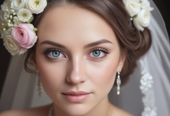 Fototapeta premium Close-up portrait of a beautiful bride with bouquet of flowers at her wedding day