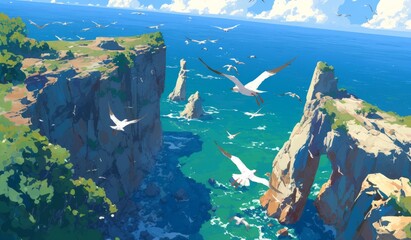 Illustration of an ocean coast with cliffs and grassland, birds flying around, scenic view, anime inspired