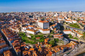 Aerial view of the center of Portuguese town of Porto city and Porto Cathedra in downtown district