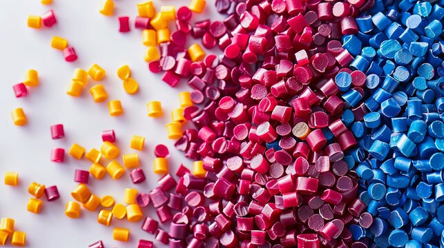 Vibrant plastic masterbatch pellets separated on a white backdrop