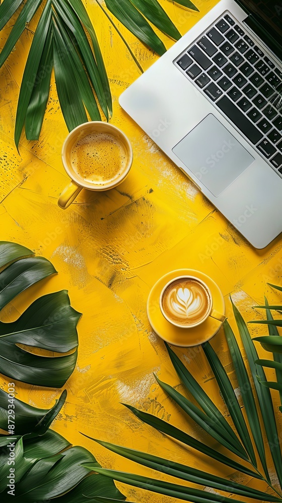 Fototapete yellow empty background with a laptop and coffee in the right part of the image and a green leaf in 