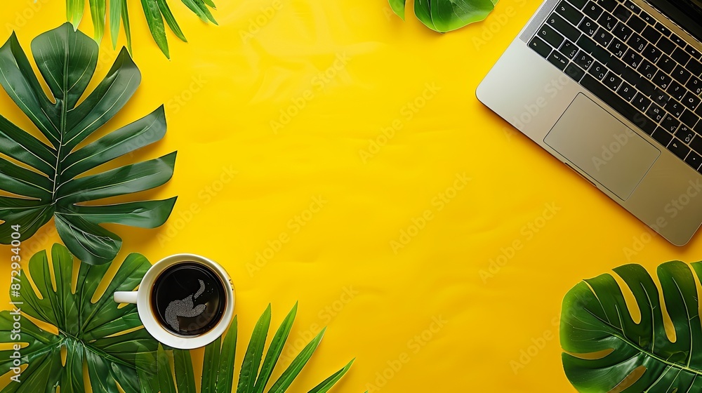 Fototapete yellow empty background with a laptop and coffee in the right part of the image and a green leaf in 