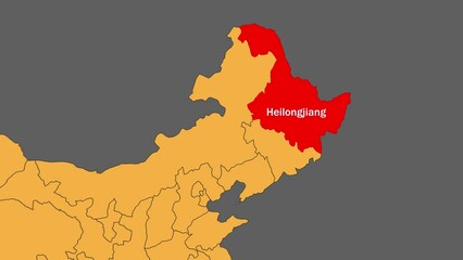 Heilongjiang map animated video. Heilongjiang location is highlighted on the China map colour with Gray background in video format.