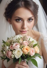Naklejka premium Close-up portrait of a beautiful bride with bouquet of flowers at her wedding day
