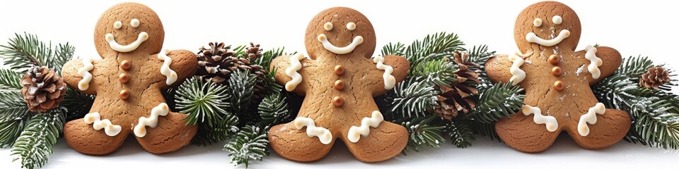 Three Gingerbread Men Cookies With Green Pine Branches