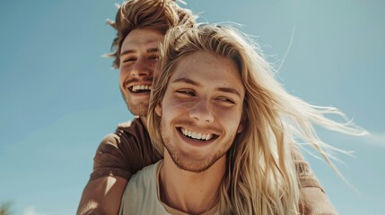 Love, blue sky, and variety couple laughs, hugs, and enjoys vacation getaway. Black folks with smiles, romance, and excitement bond on Toronto Canada holiday.