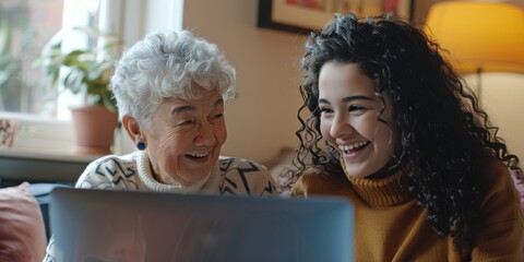 Female old mom with laptop, teaching, reading, and typing for email, web, and search. Computer, senior mother, daughter, learning, and family home lounge on social media