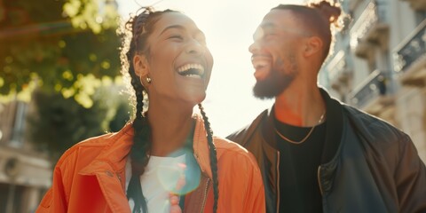 Couple talking, fashion, or bonding on New York city rooftop in summer date, weekend, or outdoor break. Happiness, black men and women, companions, students, and visitors in fashionable attire