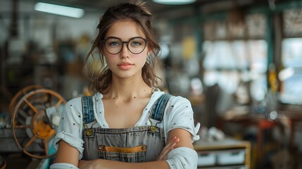 Confident woman in glasses and overalls standing in a workshop with crossed arms, ready for work. Industrial and creative setting.