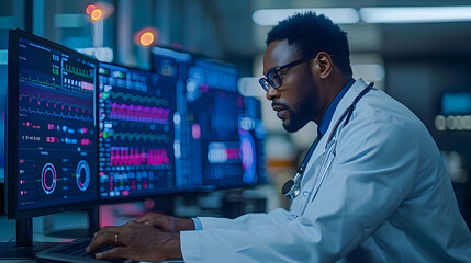Doctor analyzing medical data on multiple monitors in a high-tech lab, focusing on research and patient care.