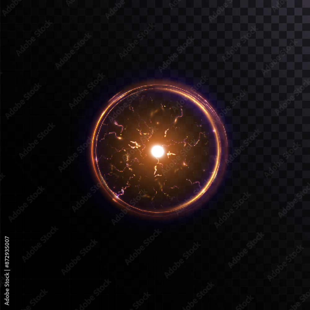 Poster Glowing Plasma Ball. Energy magic portal. An explosion of plasma energy inside a ball with a lot of ball lightning. Vector for web design and illustrations.