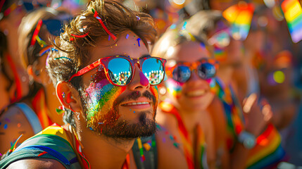People celebrating at a colorful outdoor festival with vibrant face paint and rainbow decorations, enjoying the lively atmosphere and sunny weather.