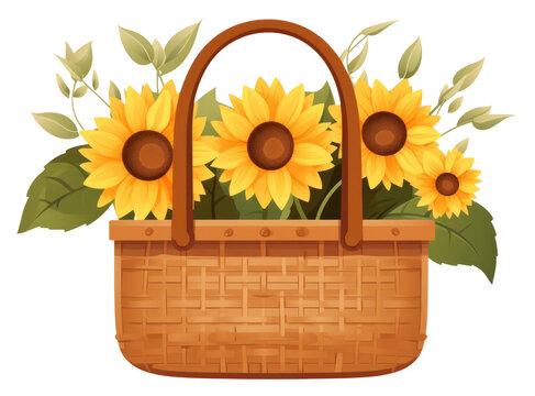 sunflowers in basket, yellow flowers, brown handle clip art preview