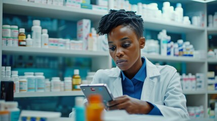 Pharmacist, black woman, and asthma inhaler for breathing or comfort. Relaxed African woman with chest pain, lungs, or allergy taking deep breath in pump.