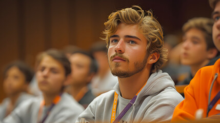 Young male student attentively listening in a lecture hall, surrounded by peers, capturing the essence of focused learning.