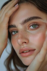 Half face, closeup, and studio image of woman with skincare, beauty, or dermatology. Portrait of person or model with grooming routine, luxury, wellness, facial, shine, or glow with cosmetics.