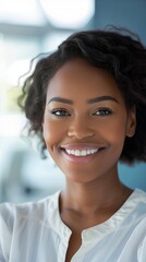 Black woman with half face, smile, and happiness on blue background in Nigeria. Split photo of happy, beautiful African girl encouraging vision on mock-up space.