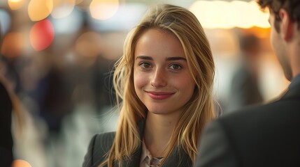 Obraz premium Blonde businesswoman handshake with bussines man, people blurred in background