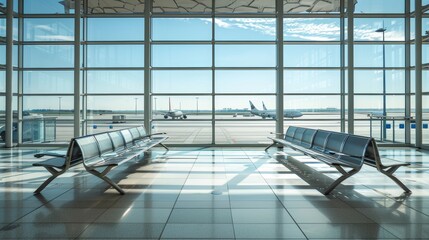 Global travel, covid rules, and immigration waiting room, airport, lounge chairs. Empty airport lobby, seat, commercial flight space, and building background