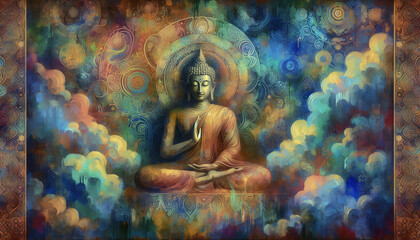 Colorful vintage style oil painting of Buddha in abstract