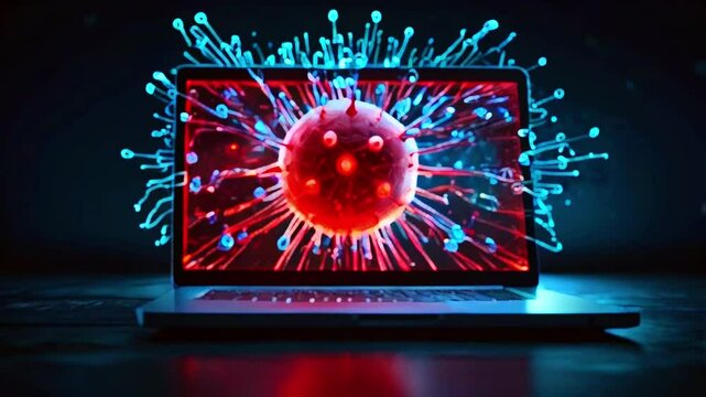 A red and blue illustration of a laptop with a virus on the screen.