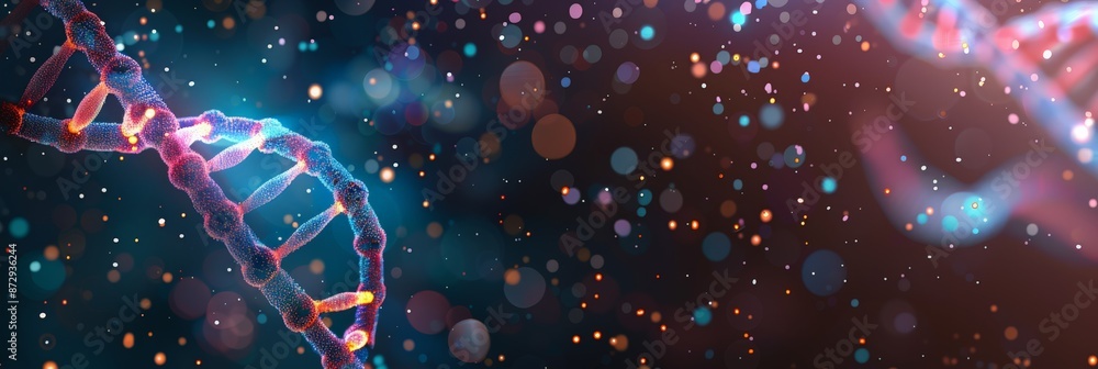 Aufkleber DNA double helix with red and blue colors, floating in a dark background with bokeh lights.
