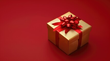 Obraz premium Valentine festival gold gift box with a red ribbon on a red background for creative ideas