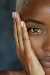 Beauty items, cosmetics, and skincare studio makeup, hands-on face, and portrait of woman. Image of girl with manicure, self-love, and luxury on gray backdrop.