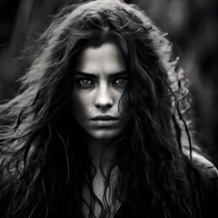 Black and white portrait woman with fierce expressions and scattered long hairs