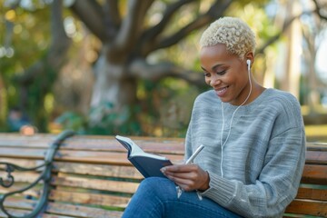 Fototapeta premium Black woman and writer relaxes in the sun and takes notes for school. Young lady student with notebook excitedly writing diary and journal outside in summer.