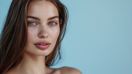 Obraz premium Studio portrait of woman, hair, and beauty for skincare, development, and shine on blue background. Aesthetic female model passionate about hair, self-care, and cosmetics for salon success