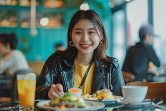 Happy woman enjoying a meal in a cozy cafe. Casual and inviting atmosphere with contemporary decor. Perfect for food blogs or restaurant promotions. Generative AI