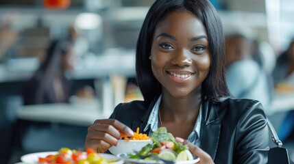 Black businesswoman eating food in office canteen, people blurred in background
