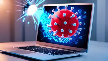 This is an video of a laptop with a red virus on the screen. - Powered by Adobe