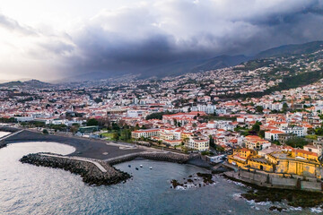 Funchal city of Madeira island Portugal with fortress on the coast of Atlantic Ocean. Aerial view