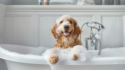 Happy golden retriever in vintage white bathtub, elegant bathroom with white panel walls