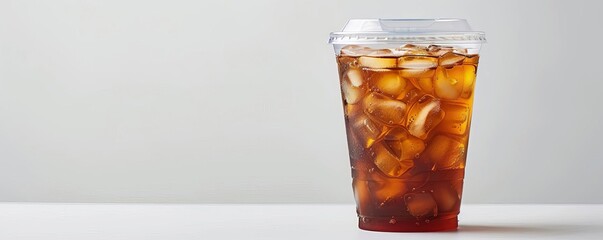 Clear plastic cup filled with iced black tea and a lid, isolated white background, studio lighting for focused advertising