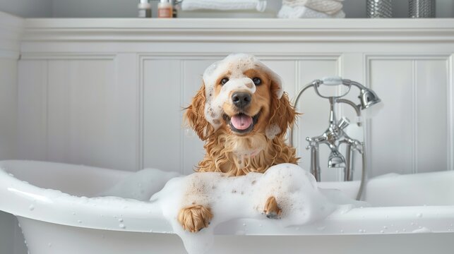 Happy golden retriever in vintage white bathtub, elegant bathroom with white panel walls