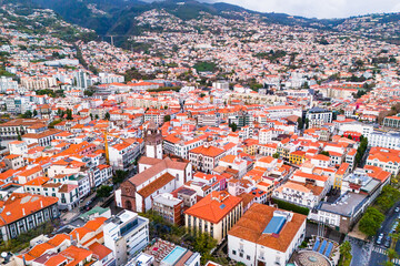 Cathedral of Funchal in old district city of Madeira island Portugal, Aerial view