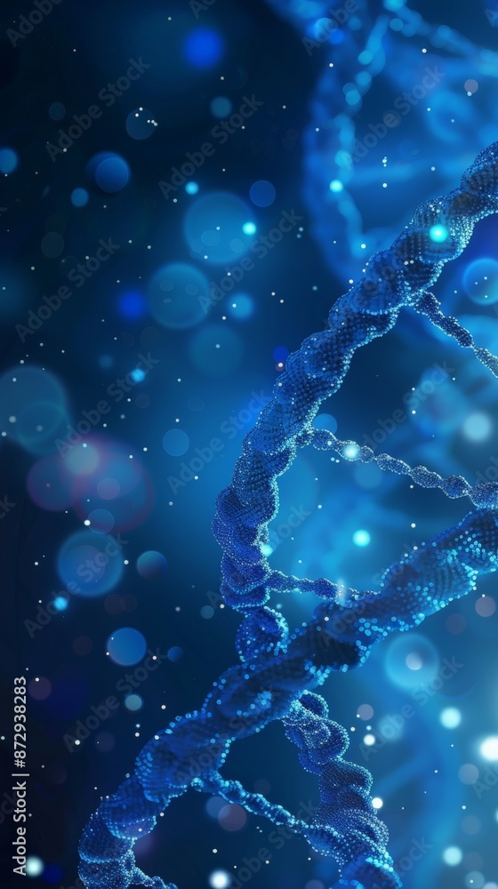 Poster blue dna strand with bright light particles and bokeh effect on a dark background. genetic research 