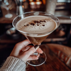 Espresso martini in a glass, held by a woman with painted fingernails, grey neutral background