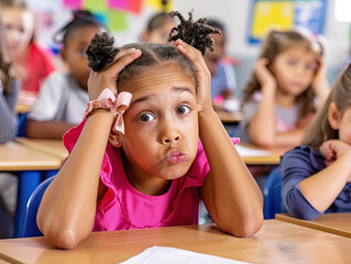 Young child in classroom making a silly face, goofing off in class, cute, funny