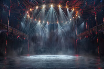 Circus arena in the light of spotlights, stage of a moving circus. Touring circus. Generated by artificial intelligence
